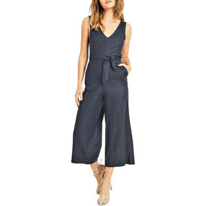 Reset Sleeveless Wrap Open Back Wide Leg Cropped Flax Blend Jumpsuit, Blue, Sz L
